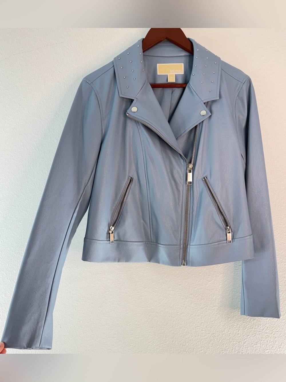 Michael Michael Kors Pastel Blue Moto Jacket Studded Faux Leather Edgy Street M